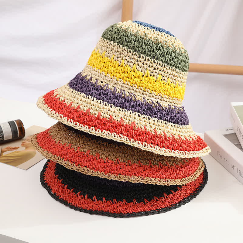 Women's Boho Style Colorful Rainbow Foldable Straw Hat