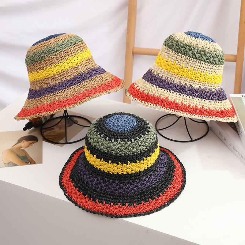 Women's Boho Style Colorful Rainbow Foldable Straw Hat