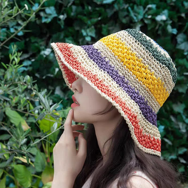 Women's Boho Style Colorful Rainbow Foldable Straw Hat