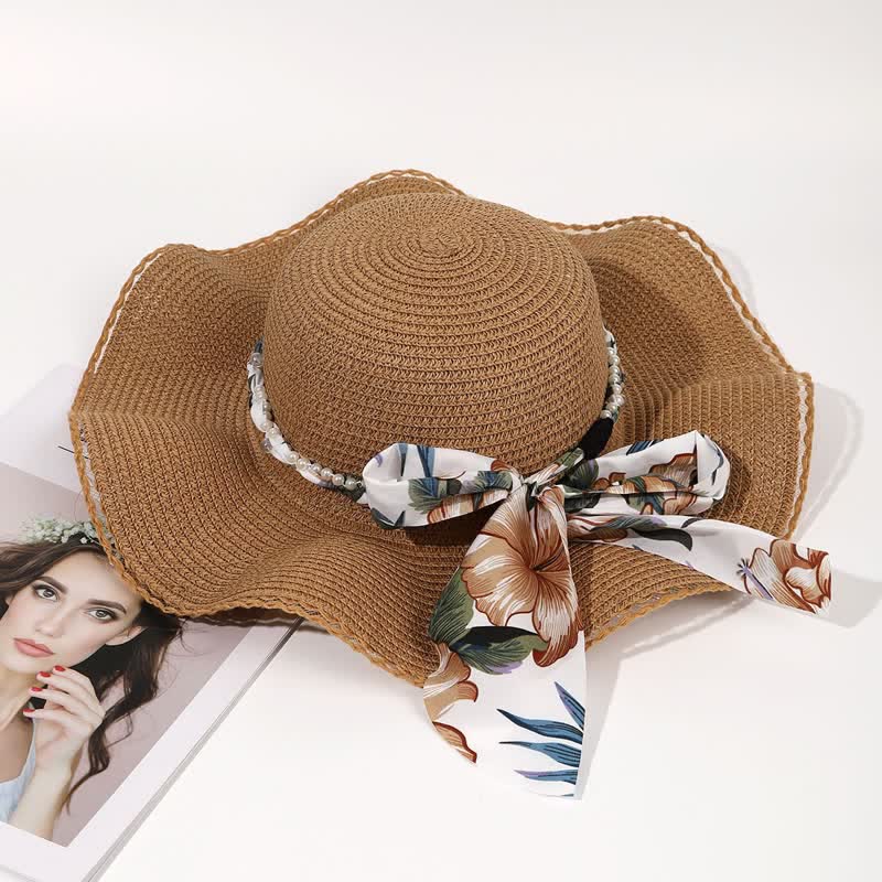 Women's Summer Flower Ribbon Pearl Decor Foldable Straw Hat