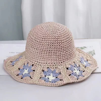 Women's Woven Floral Crochet Bucket Foldable Straw Hat