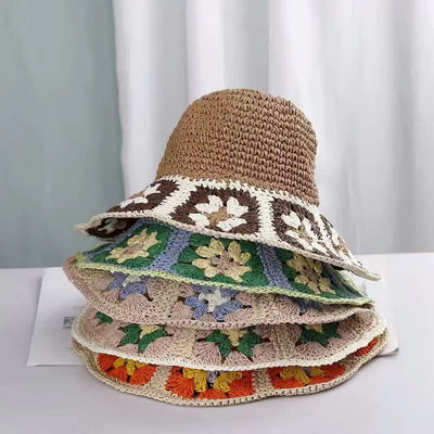 Women's Woven Floral Crochet Bucket Foldable Straw Hat