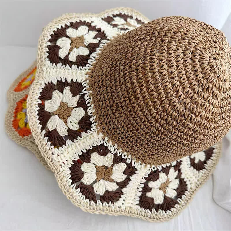 Women's Woven Floral Crochet Bucket Foldable Straw Hat