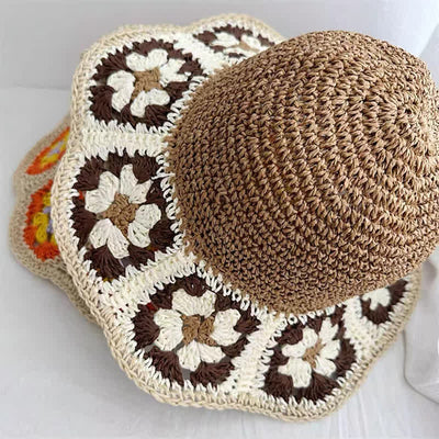 Women's Woven Floral Crochet Bucket Foldable Straw Hat