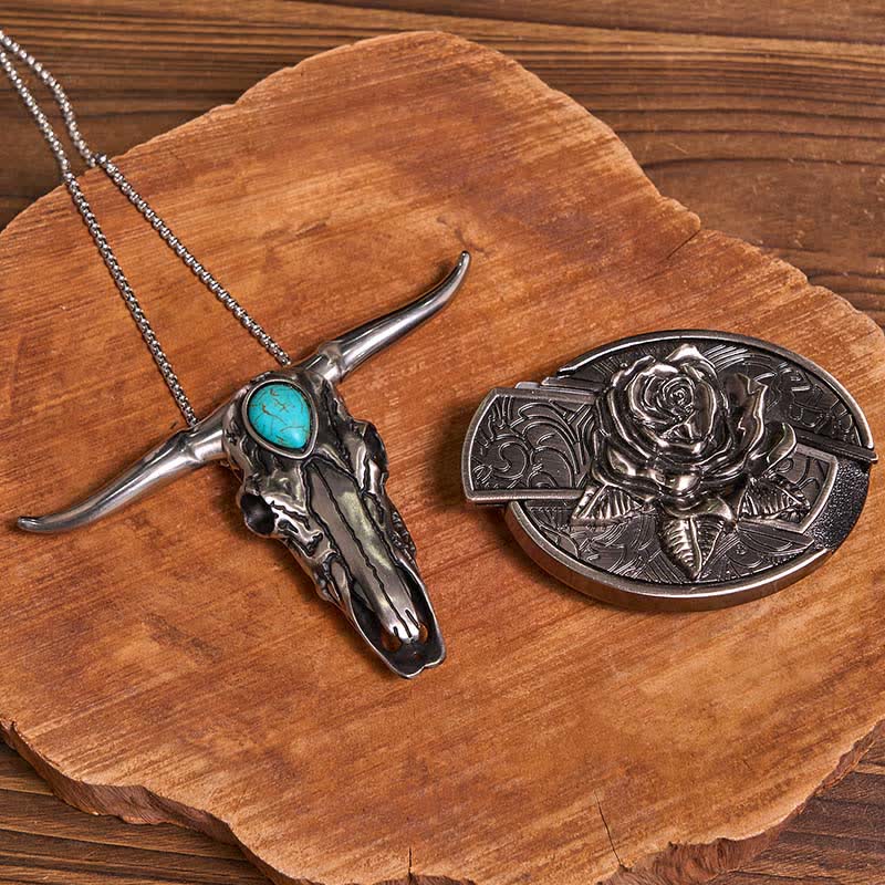 Practical DIY Hidden Knife Buckle Turquoise Longhorn Bull Pendant Bundle Set (Pre-Sale)