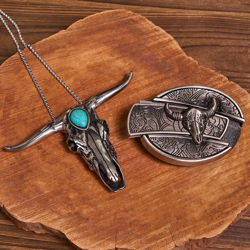 Practical DIY Hidden Knife Buckle Turquoise Longhorn Bull Pendant Bundle Set (Pre-Sale)