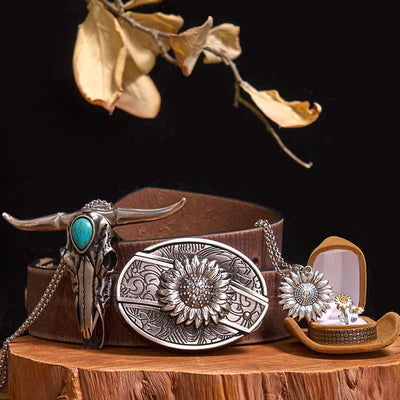 Sunflower Theme DIY Hidden Knife Belt Buckle Turquoise Bull Pendant Bundle Set (Pre-Sale)