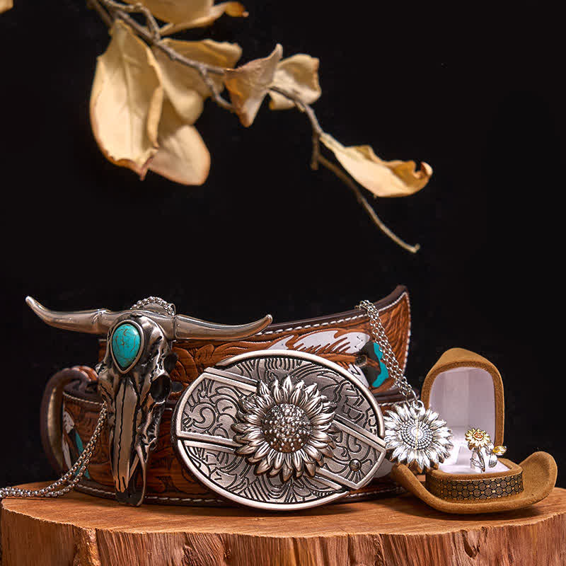 Sunflower Theme DIY Hidden Knife Belt Buckle Turquoise Bull Pendant Bundle Set (Pre-Sale)