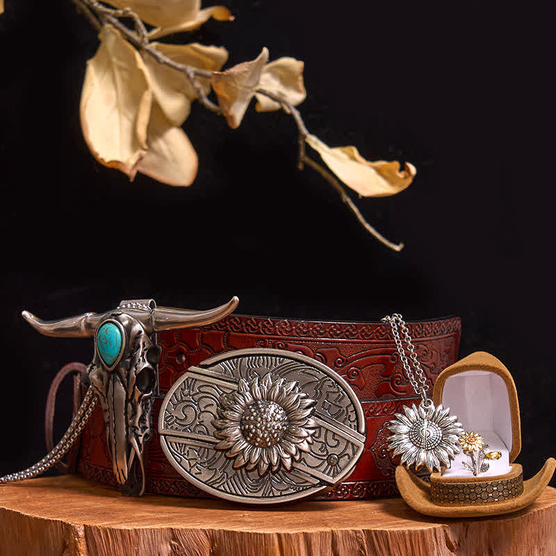 Sunflower Theme DIY Hidden Knife Belt Buckle Turquoise Bull Pendant Bundle Set (Pre-Sale)