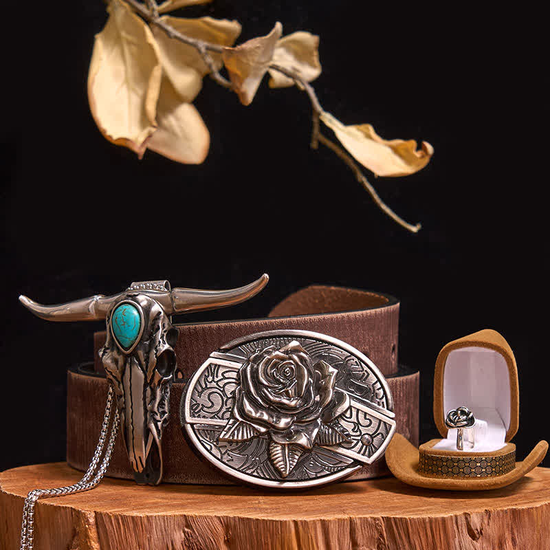 Rose Theme DIY Hidden Knife Belt Buckle Turquoise Bull Pendant Bundle Set (Pre-Sale)