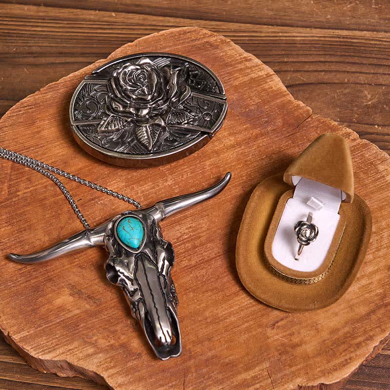 Rose Theme DIY Hidden Knife Belt Buckle Turquoise Bull Pendant Bundle Set (Pre-Sale)