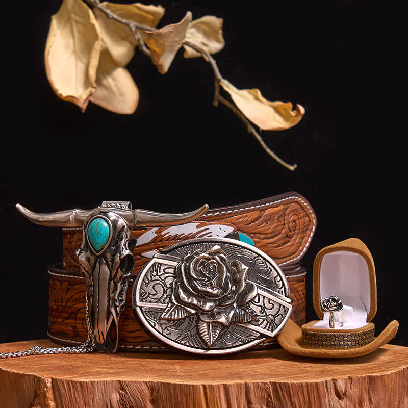 Rose Theme DIY Hidden Knife Belt Buckle Turquoise Bull Pendant Bundle Set (Pre-Sale)