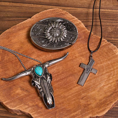 DIY Hidden Knife Belt Buckle Turquoise Bull Pendant Cross Necklace Bundle Set (Pre-Sale)