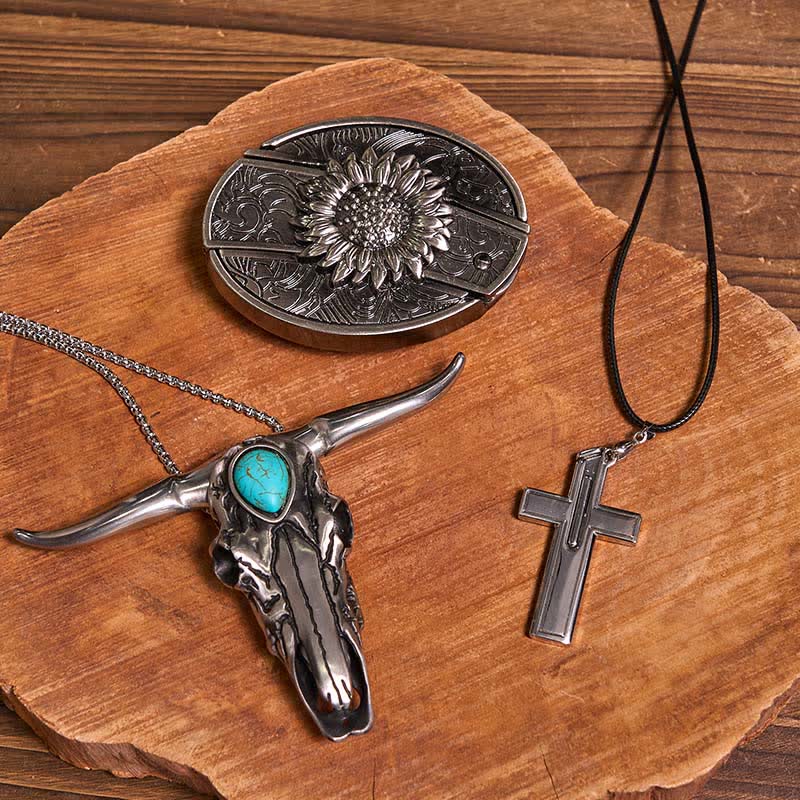 DIY Hidden Knife Belt Buckle Turquoise Bull Pendant Cross Necklace Bundle Set (Pre-Sale)