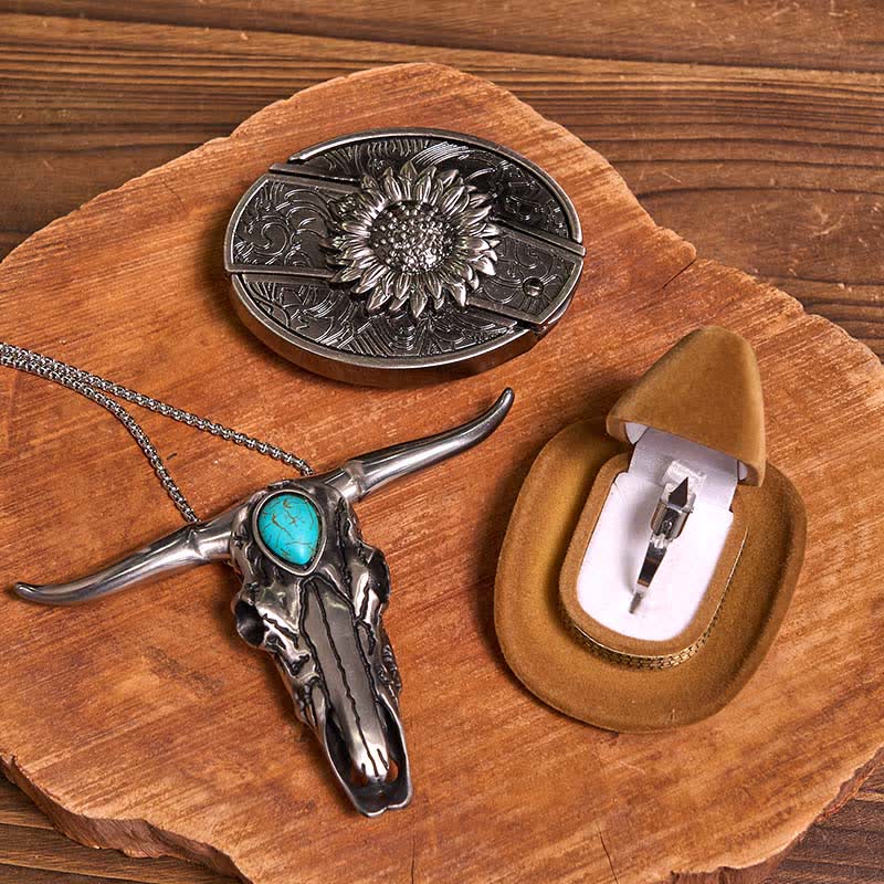 DIY Hidden Knife Belt Buckle Turquoise Bull Pendant Knife Ring Bundle Set (Pre-Sale)