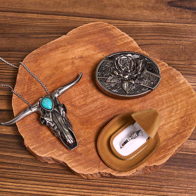 DIY Hidden Knife Belt Buckle Turquoise Bull Pendant Knife Ring Bundle Set (Pre-Sale)