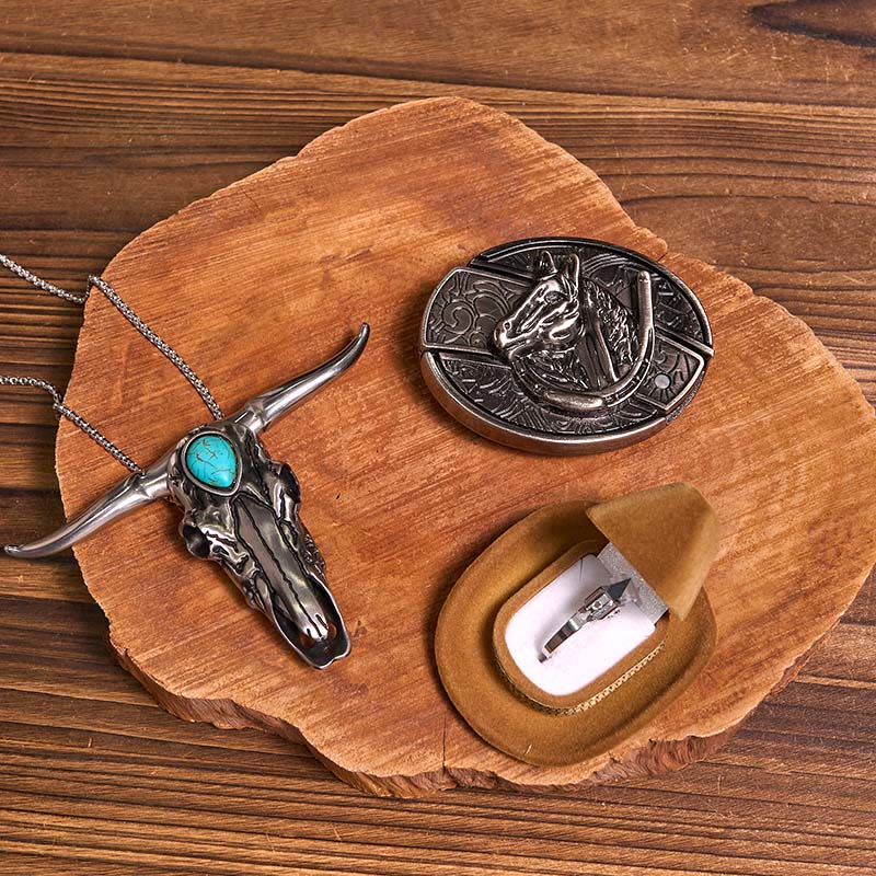 DIY Hidden Knife Belt Buckle Turquoise Bull Pendant Knife Ring Bundle Set (Pre-Sale)