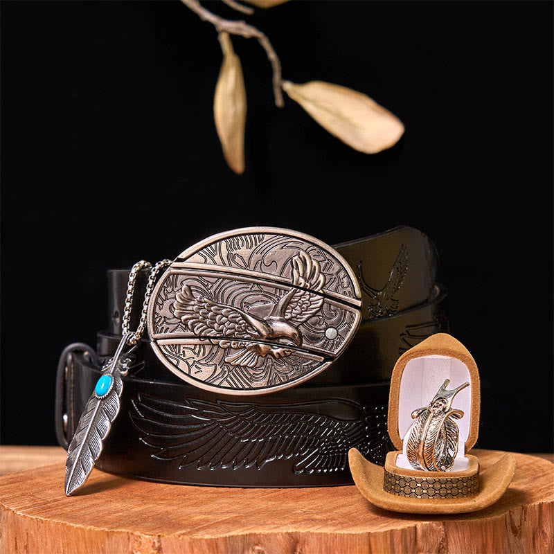 Eagle DIY Hidden Knife Belt Buckle With Feather Ring Bundle Set