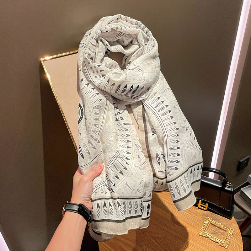 White Ethnic Artistic Printed Cotton And Linen Thin Scarf