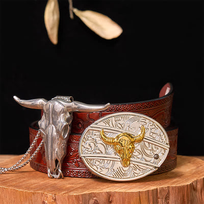 Gold & Silver DIY Hidden Knife Belt Buckle Longhorn Bull Pendant Bundle Set