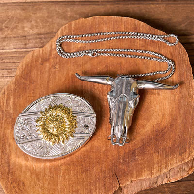 Gold & Silver DIY Hidden Knife Belt Buckle Longhorn Bull Pendant Bundle Set