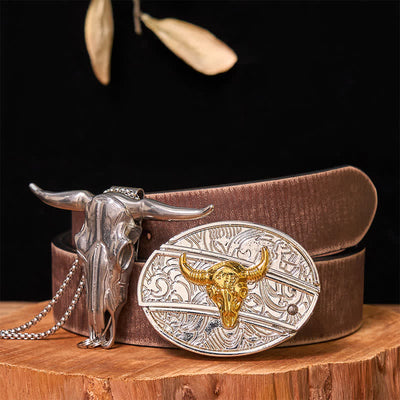 Gold & Silver DIY Hidden Knife Belt Buckle Longhorn Bull Pendant Bundle Set