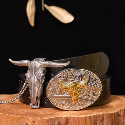 Gold & Silver DIY Hidden Knife Belt Buckle Longhorn Bull Pendant Bundle Set