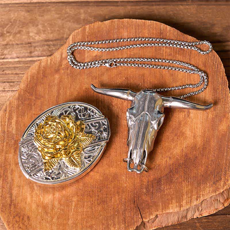 Gold & Silver DIY Hidden Knife Belt Buckle Longhorn Bull Pendant Bundle Set