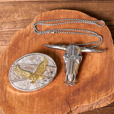 Gold & Silver DIY Hidden Knife Belt Buckle Longhorn Bull Pendant Bundle Set