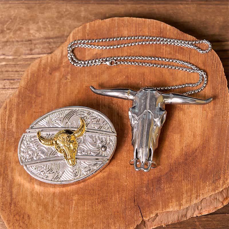 Gold & Silver DIY Hidden Knife Belt Buckle Longhorn Bull Pendant Bundle Set