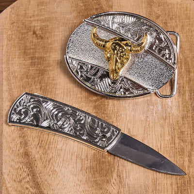 Gold & Silver DIY Hidden Knife Belt Buckle Longhorn Bull Pendant Bundle Set