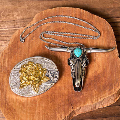 Gold & Silver DIY Hidden Knife Belt Buckle Turquoise Longhorn Pendant Bundle Set