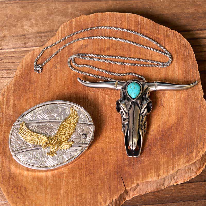 Gold & Silver DIY Hidden Knife Belt Buckle Turquoise Longhorn Pendant Bundle Set