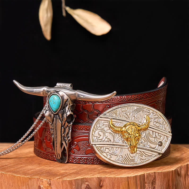 Gold & Silver DIY Hidden Knife Belt Buckle Turquoise Longhorn Pendant Bundle Set