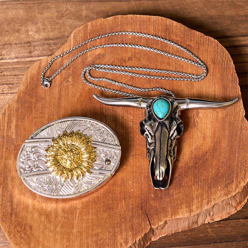 Gold & Silver DIY Hidden Knife Belt Buckle Turquoise Longhorn Pendant Bundle Set