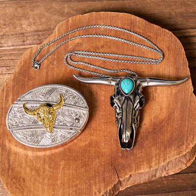 Gold & Silver DIY Hidden Knife Belt Buckle Turquoise Longhorn Pendant Bundle Set