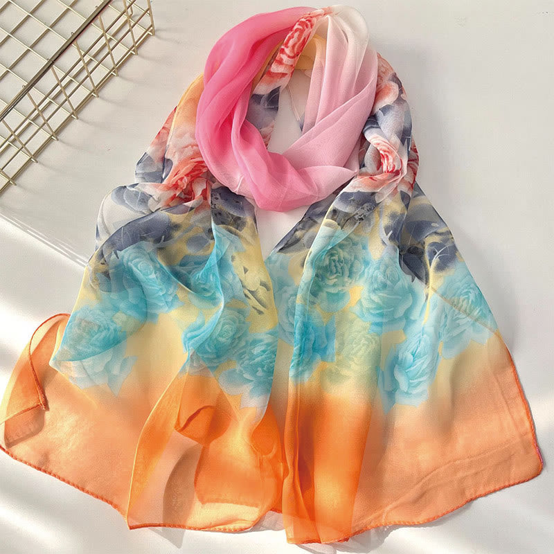 Women's Soft Summer Chiffon Flower Pattern Beach Sunscreen Scarf