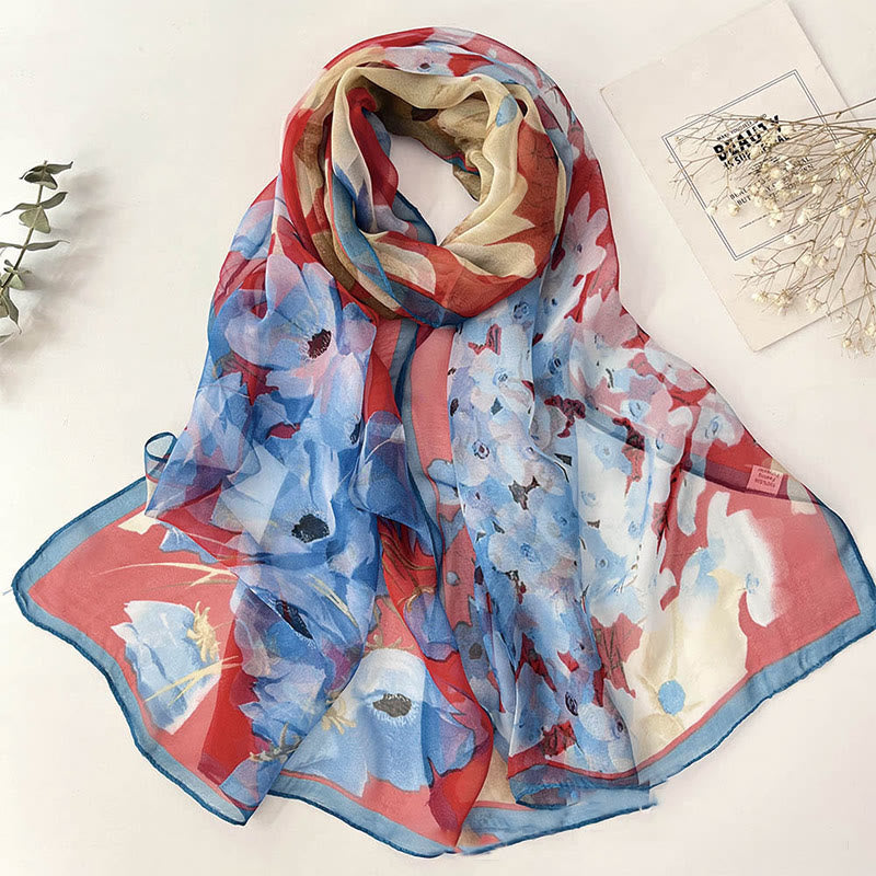 Women's Soft Summer Chiffon Flower Pattern Beach Sunscreen Scarf