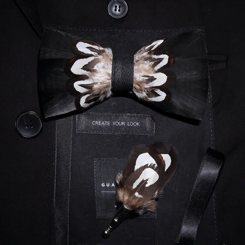 Black & White Pattern Feather Bow Tie with Lapel Pin