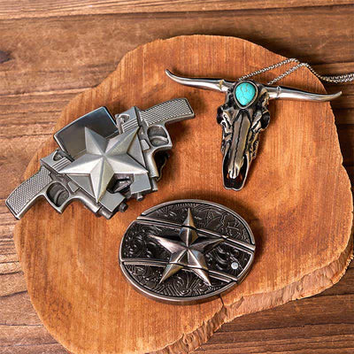 DIY Star Hidden Knife Belt Buckle Lighter Turquoise Longhorn Pendant Bundle Set