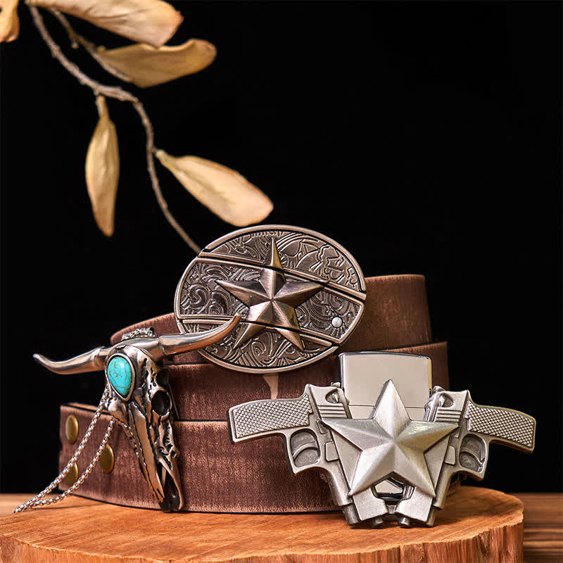 DIY Star Hidden Knife Belt Buckle Lighter Turquoise Longhorn Pendant Bundle Set