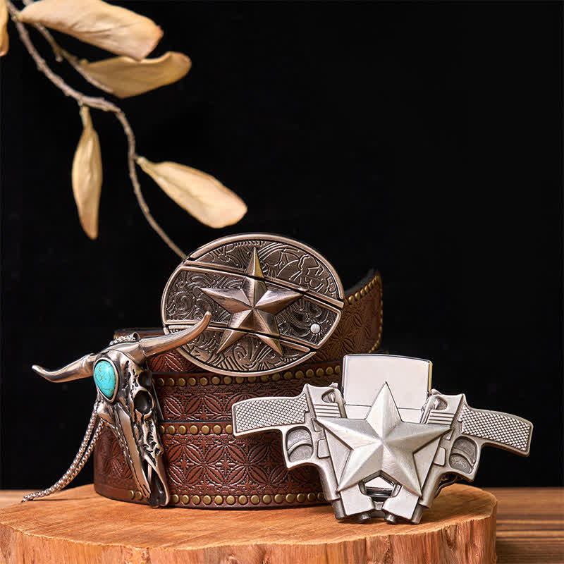 DIY Star Hidden Knife Belt Buckle Lighter Turquoise Longhorn Pendant Bundle Set