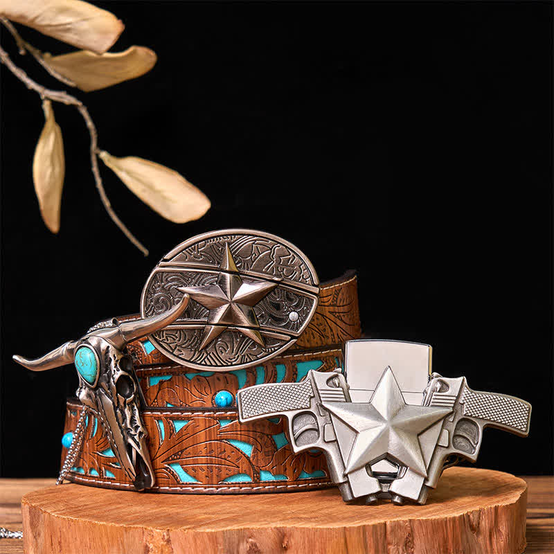 DIY Star Hidden Knife Belt Buckle Lighter Turquoise Longhorn Pendant Bundle Set