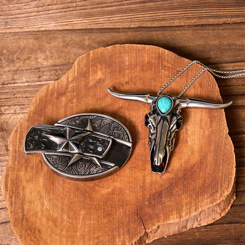 DIY Star Hidden Knife Belt Buckle Lighter Turquoise Longhorn Pendant Bundle Set