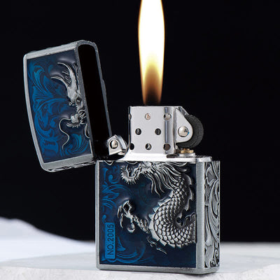 Carved Rise Dragon Relief Refillable Kerosene Lighter