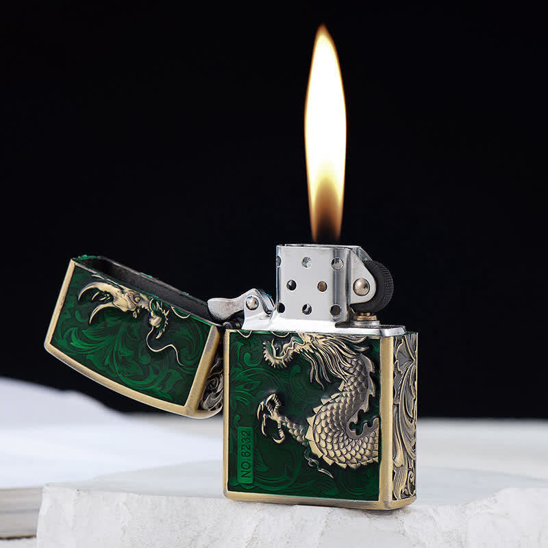 Carved Rise Dragon Relief Refillable Kerosene Lighter