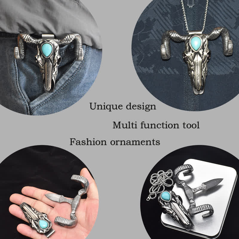 Turquoise Skull Sheep Multi-function Silver Pendant Belt Buckle (Pre-Sale)