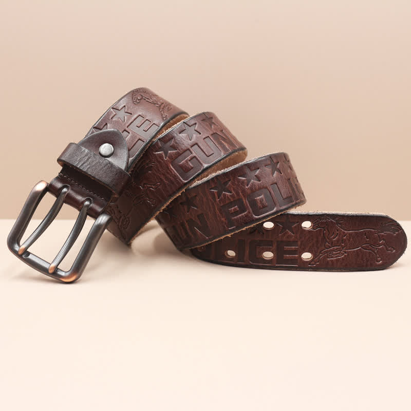 English Letter Gun Police Embossed Horse PatternLeather Belt