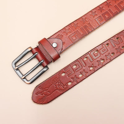 English Letter Gun Police Embossed Horse PatternLeather Belt