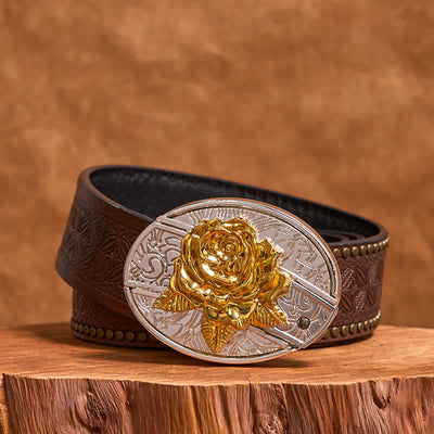 Men's DIY Gold & Silver Rose Hidden Folding Knife Leather Belt (Pre-Sale)